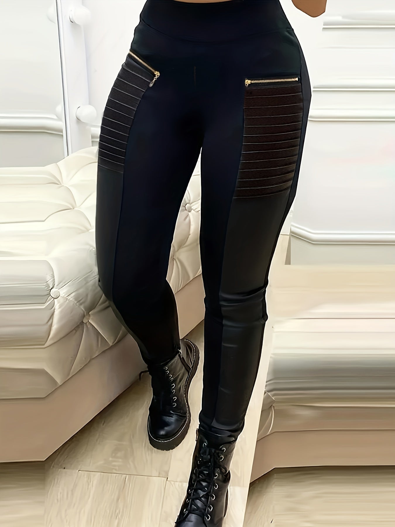 Women's Solid Zipper Design Pants, Casual Contrast Faux Leather Skinny Pants