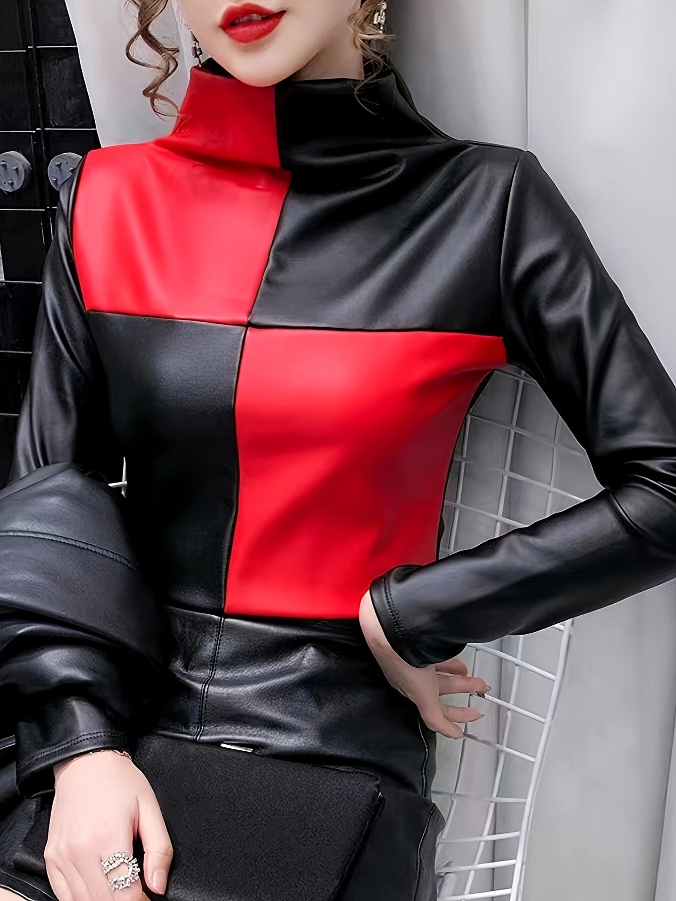 Elegant High Neck Color Block Faux Leather Blouse Polyester 100%, Stretch Fit, Solid Color Block Design
