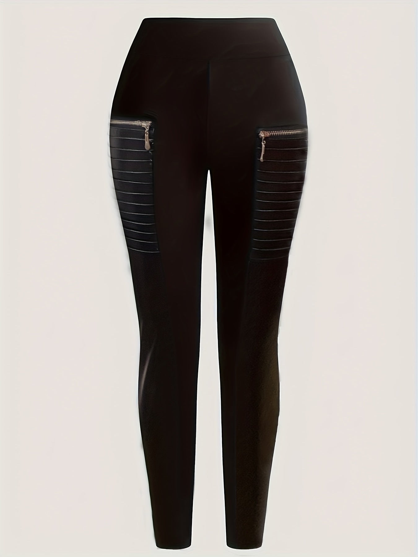 Women's Solid Zipper Design Pants, Casual Contrast Faux Leather Skinny Pants