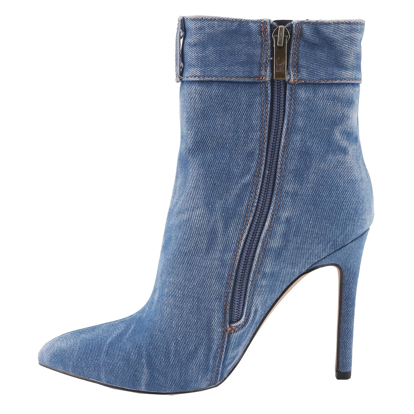 Chic Denim Ankle Booties for Women - Pointed Toe, High Heel with Side Zipper, Fashionable Blue Cowgirl Boots