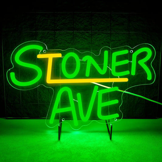 STONER AVE" Neon Sign - Green & Yellow LED Wall Art, USB Powered, No Battery Needed, Ideal for Man Cave, Garage, or Repair Shop Decor, Garage Wall Art | Retro Neon Style | Durable Plastic Sign, Neon Sign