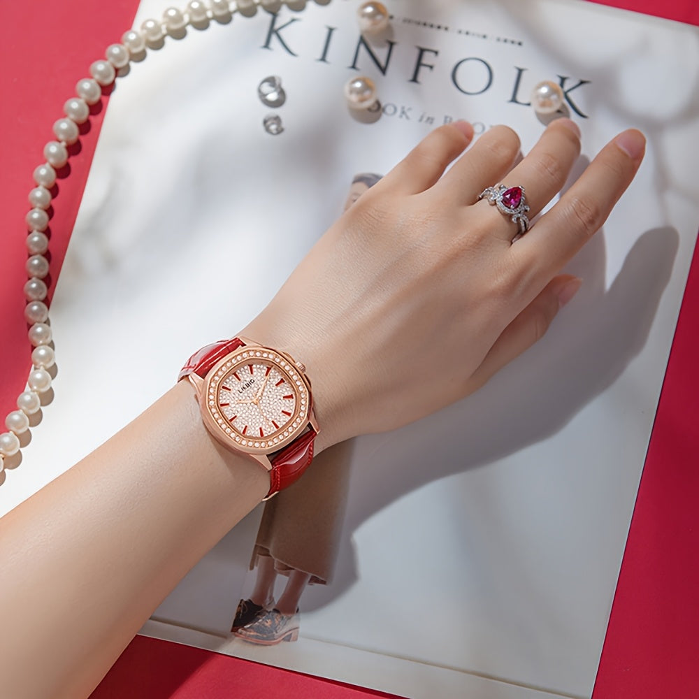 Women's Elegant Rhinestone-Adorned Wristwatch with Luminous Hands, Red Balloon Analog Watch, PU Strap & Quartz Movement