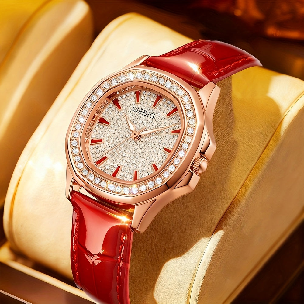 Women's Elegant Rhinestone-Adorned Wristwatch with Luminous Hands, Red Balloon Analog Watch, PU Strap & Quartz Movement