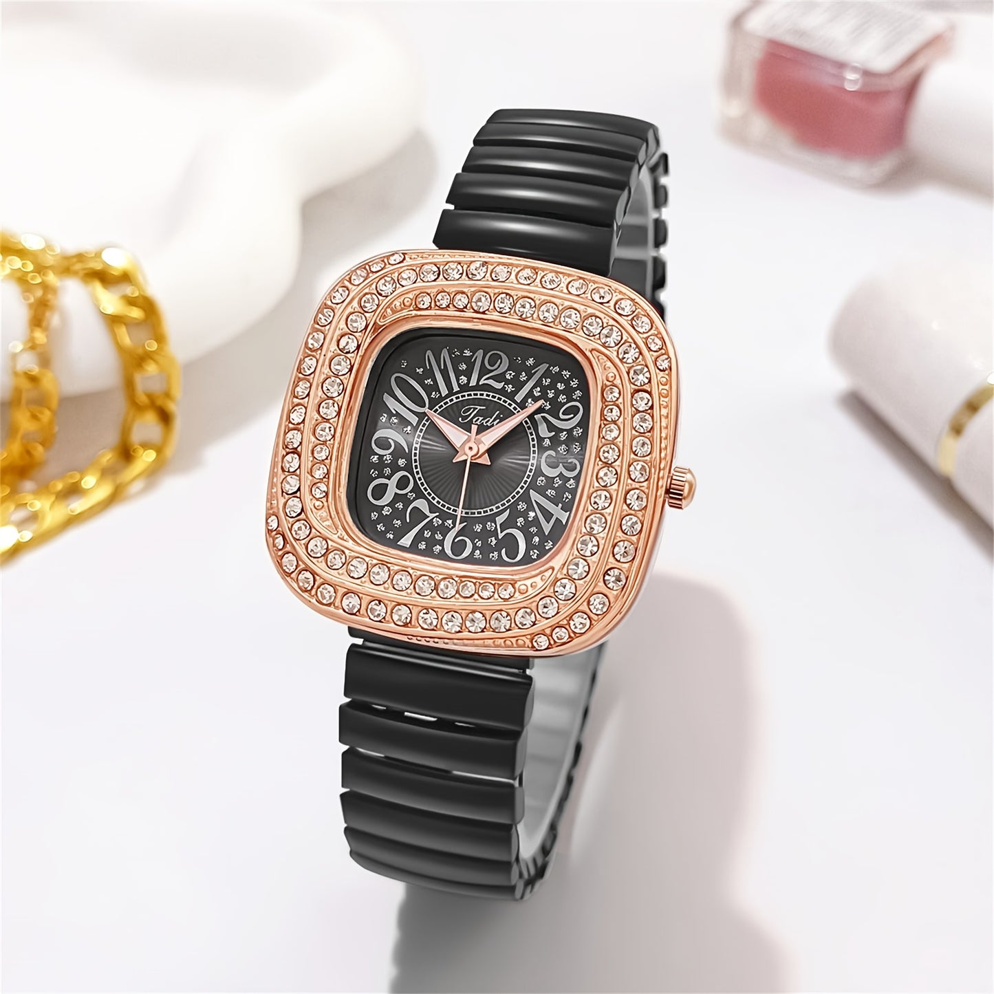 Quartz Elastic Watch, Alien Shaped Stretch Wristwatch, Stainless Steel Strap, Rhinestone Swirl Shape Case, Large Arabic Numerals Scale Dial, Clear And Easy to Read