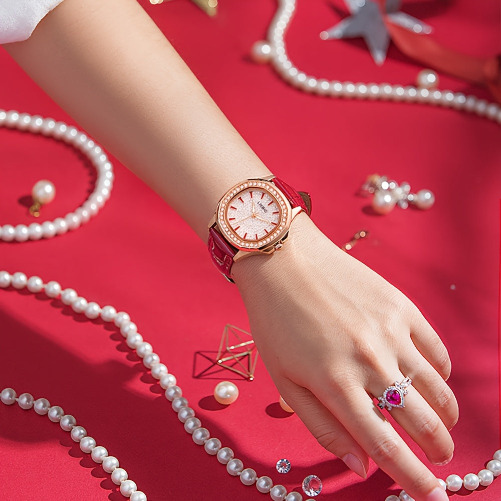 Women's Elegant Rhinestone-Adorned Wristwatch with Luminous Hands, Red Balloon Analog Watch, PU Strap & Quartz Movement