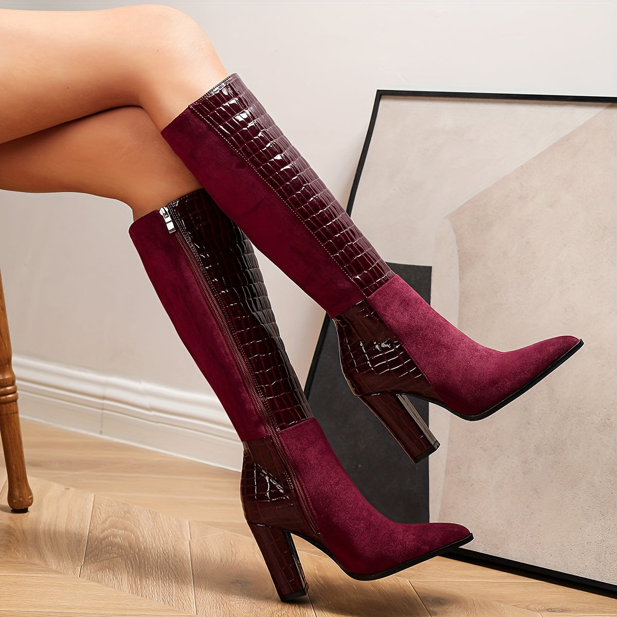Women's Chic Burgundy Velvet Knee-High Boots Sexy Pointed Toe, Chunky Heel with Side Zipper, Faux Cover & Rubber Sole, High Heel Boots