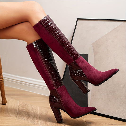 Women's Chic Burgundy Velvet Knee-High Boots Sexy Pointed Toe, Chunky Heel with Side Zipper, Faux Cover & Rubber Sole, High Heel Boots