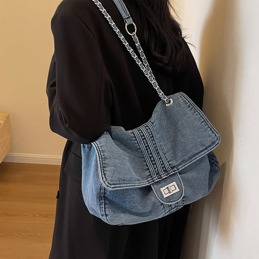 Chic Denim Crossbody Bag for Women - Casual Large Capacity Tote with Adjustable Strap, Twist Lock Closure, Blue