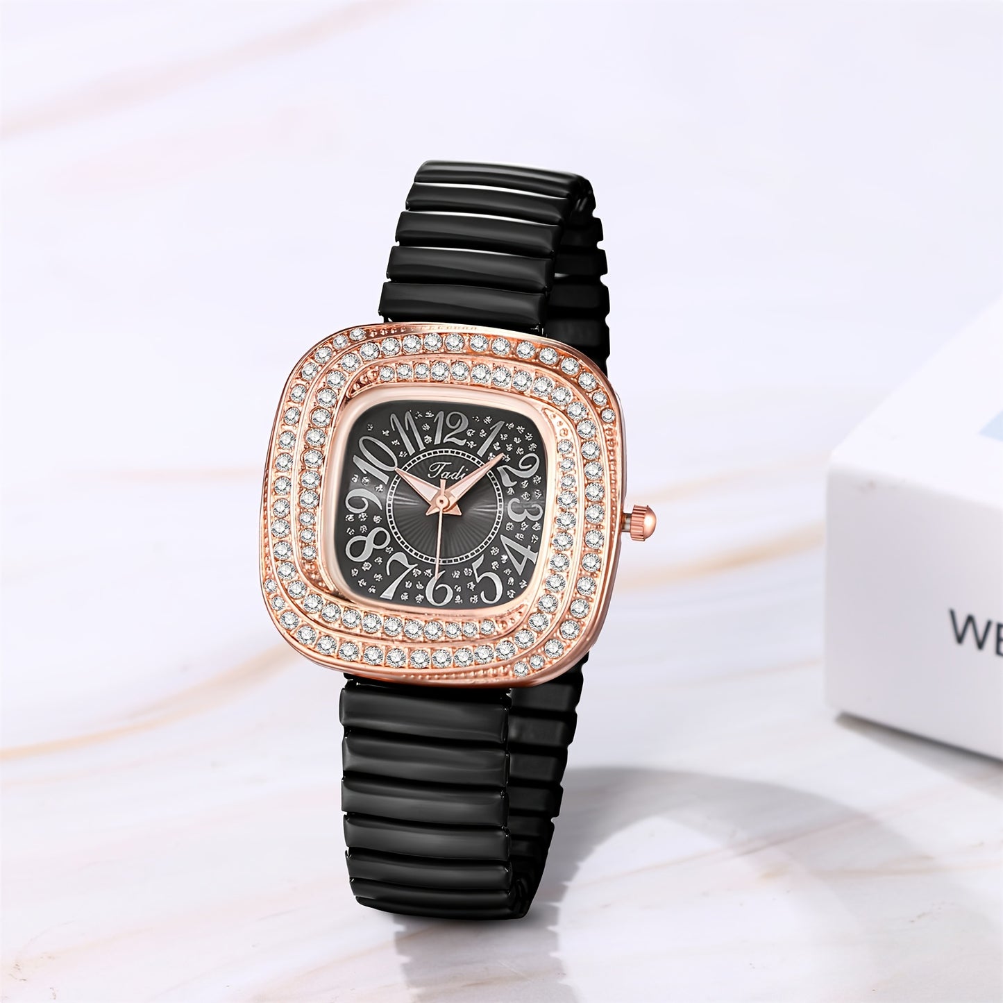 Quartz Elastic Watch, Alien Shaped Stretch Wristwatch, Stainless Steel Strap, Rhinestone Swirl Shape Case, Large Arabic Numerals Scale Dial, Clear And Easy to Read