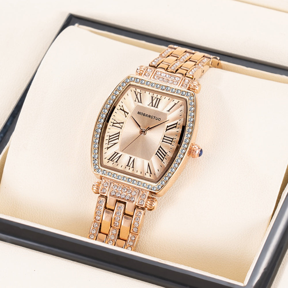 Stylish Women's Timepiece with Steel Band And Roman Numerals, Unique Tonneau-Shaped Case, Quartz Movement