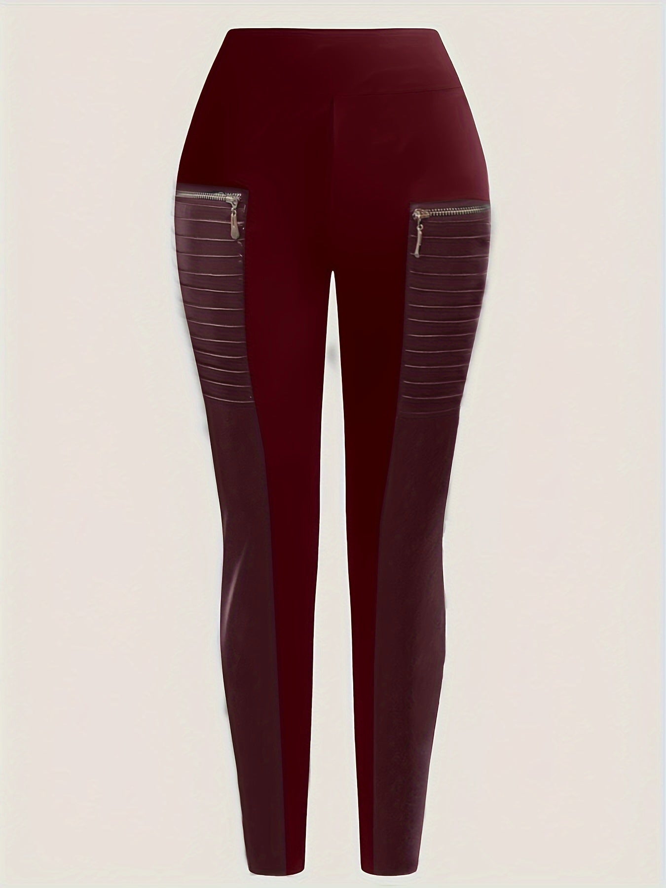 Women's Solid Zipper Design Pants, Casual Contrast Faux Leather Skinny Pants