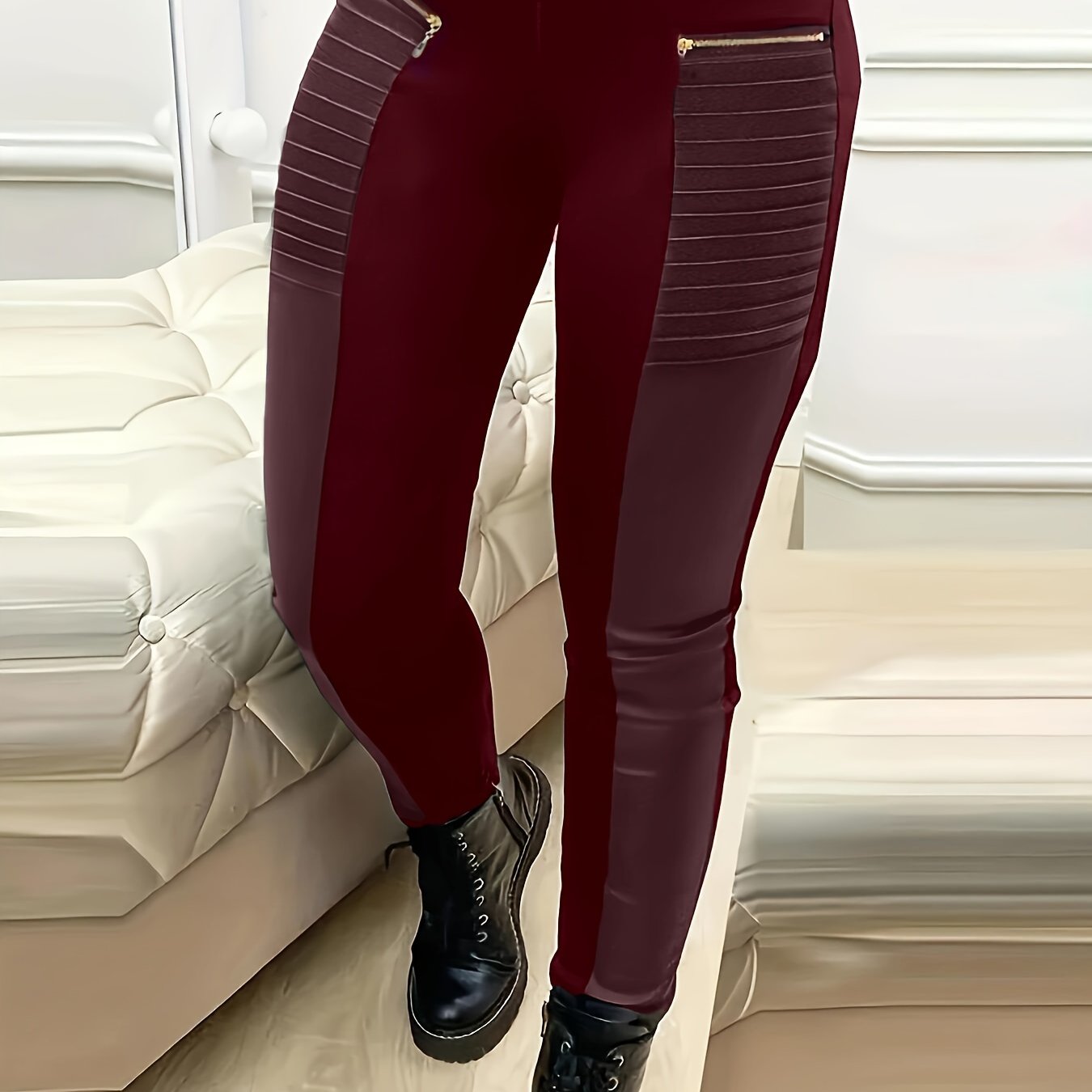 Women's Solid Zipper Design Pants, Casual Contrast Faux Leather Skinny Pants