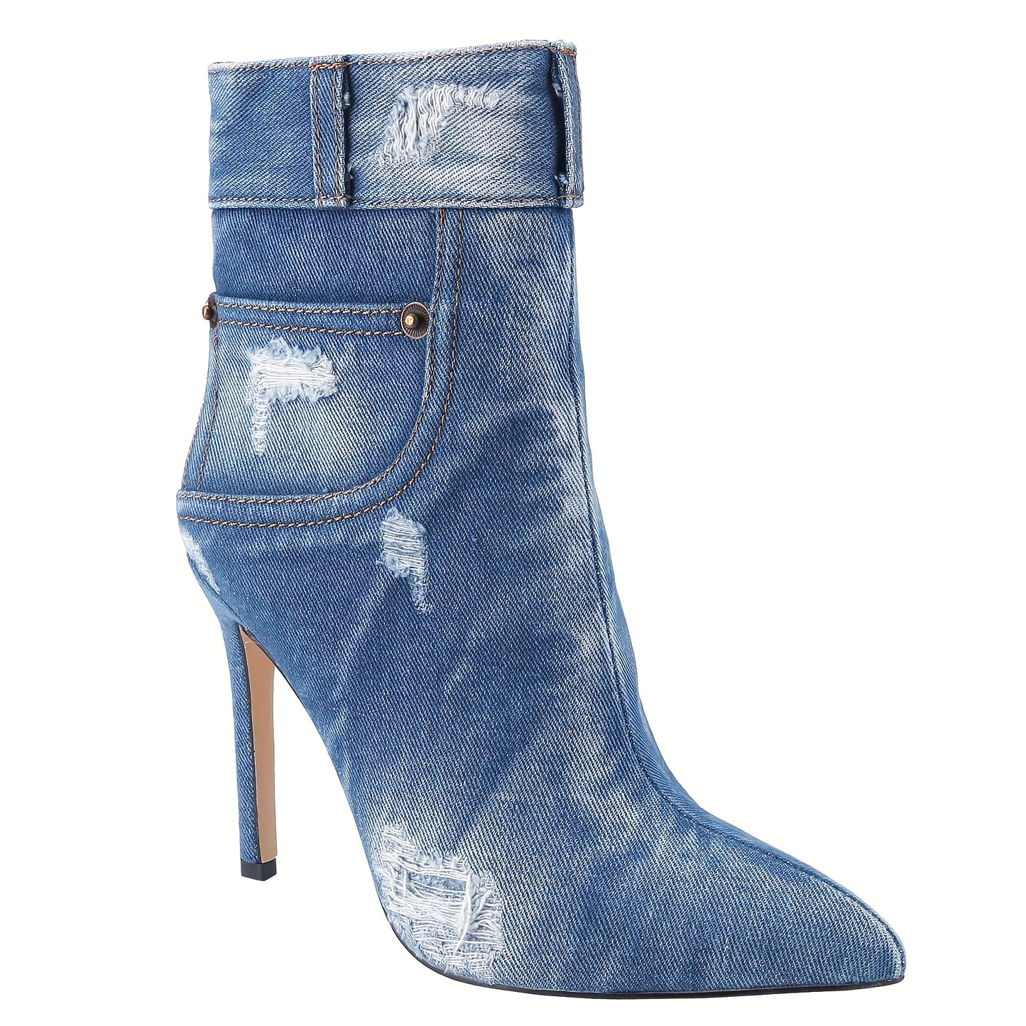Chic Denim Ankle Booties for Women - Pointed Toe, High Heel with Side Zipper, Fashionable Blue Cowgirl Boots