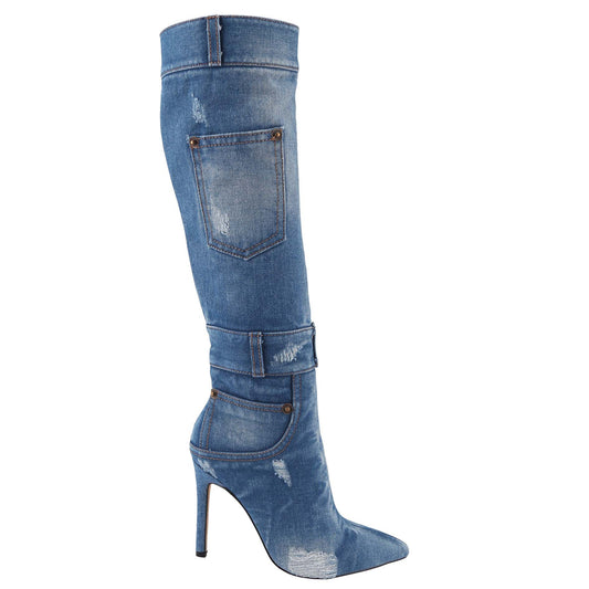 Women's high-heeled boots, pointed denim tie-dye design stiletto knee-high boots, fashionable personality trendy long boots