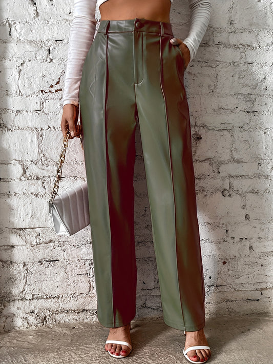 Women's Loose Casual Soft Black Burgundy Pu Leather Wide Leg Pants