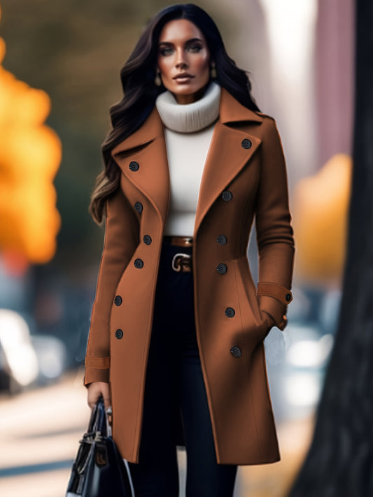 Women's Elegant Solid Color Double-Breasted Overcoat Polyester, Machine Washable, Non-Stretch Fabric - Perfect for Fall/Winter