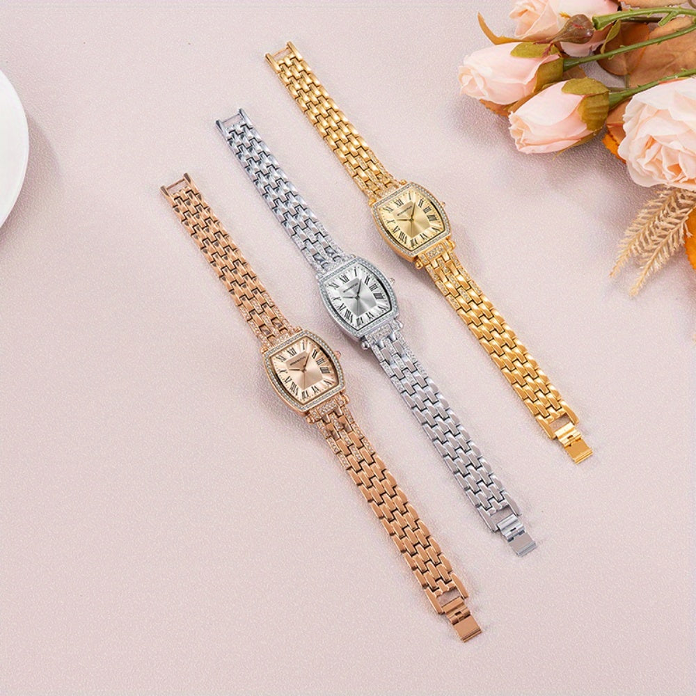 Stylish Women's Timepiece with Steel Band And Roman Numerals, Unique Tonneau-Shaped Case, Quartz Movement