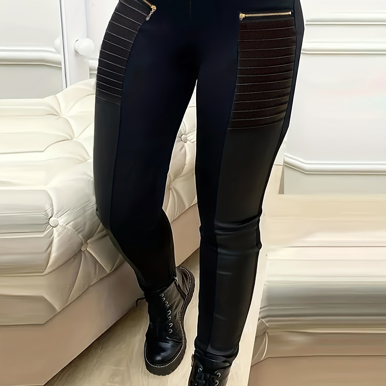Women's Solid Zipper Design Pants, Casual Contrast Faux Leather Skinny Pants