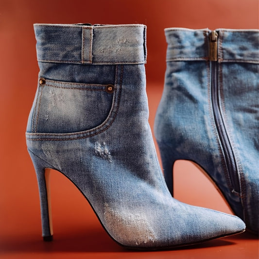 Chic Denim Ankle Booties for Women - Pointed Toe, High Heel with Side Zipper, Fashionable Blue Cowgirl Boots
