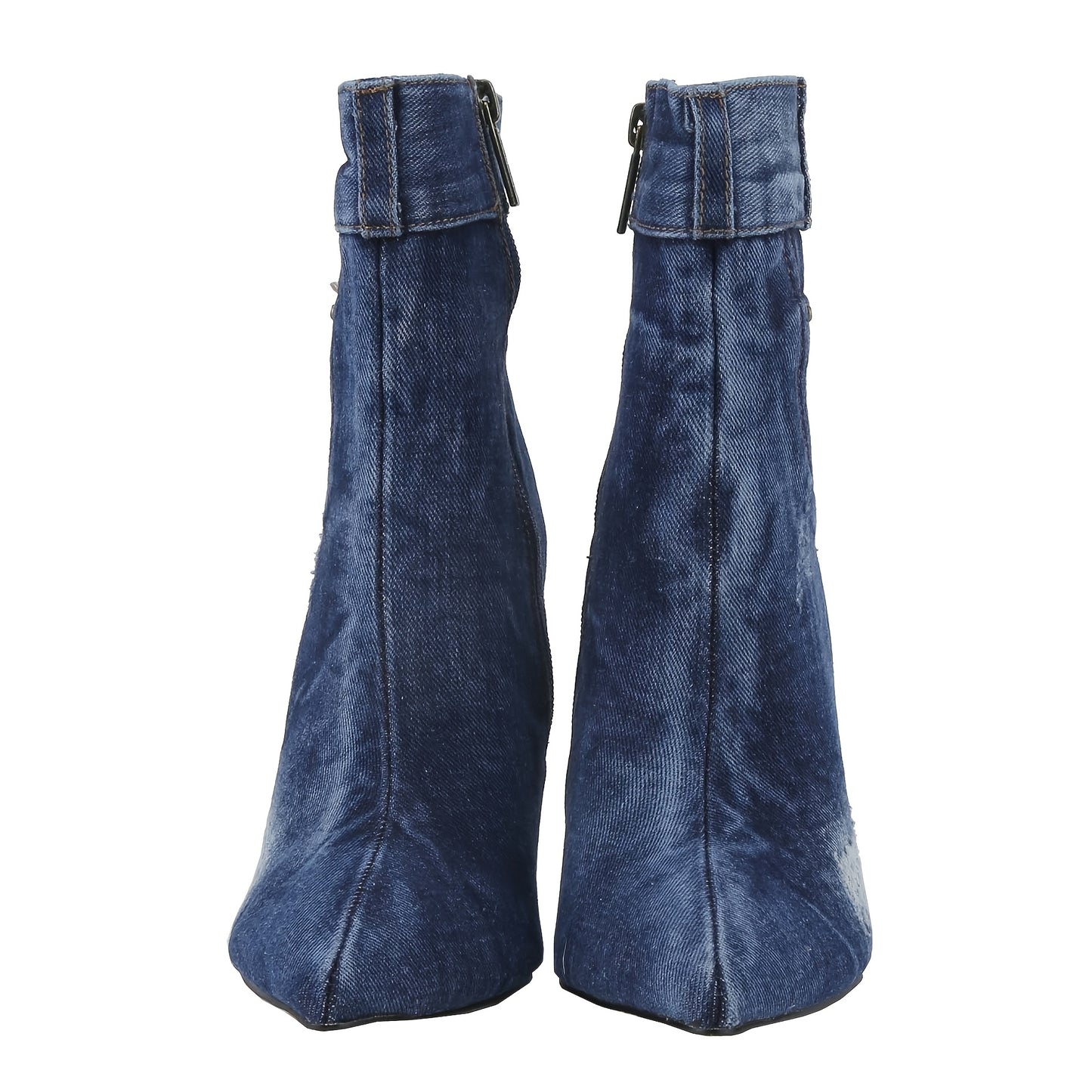 Chic Denim Ankle Booties for Women - Pointed Toe, High Heel with Side Zipper, Fashionable Blue Cowgirl Boots