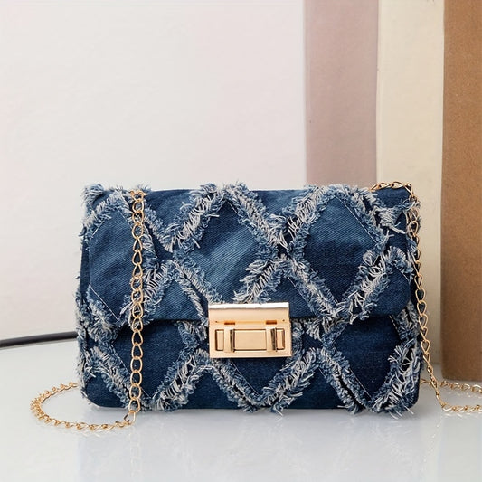 Elegant Blue Diamond Quilted Crossbody Bag with Detachable Chain Strap - Vintage Washed Denim Look, Lightweight & Stylish