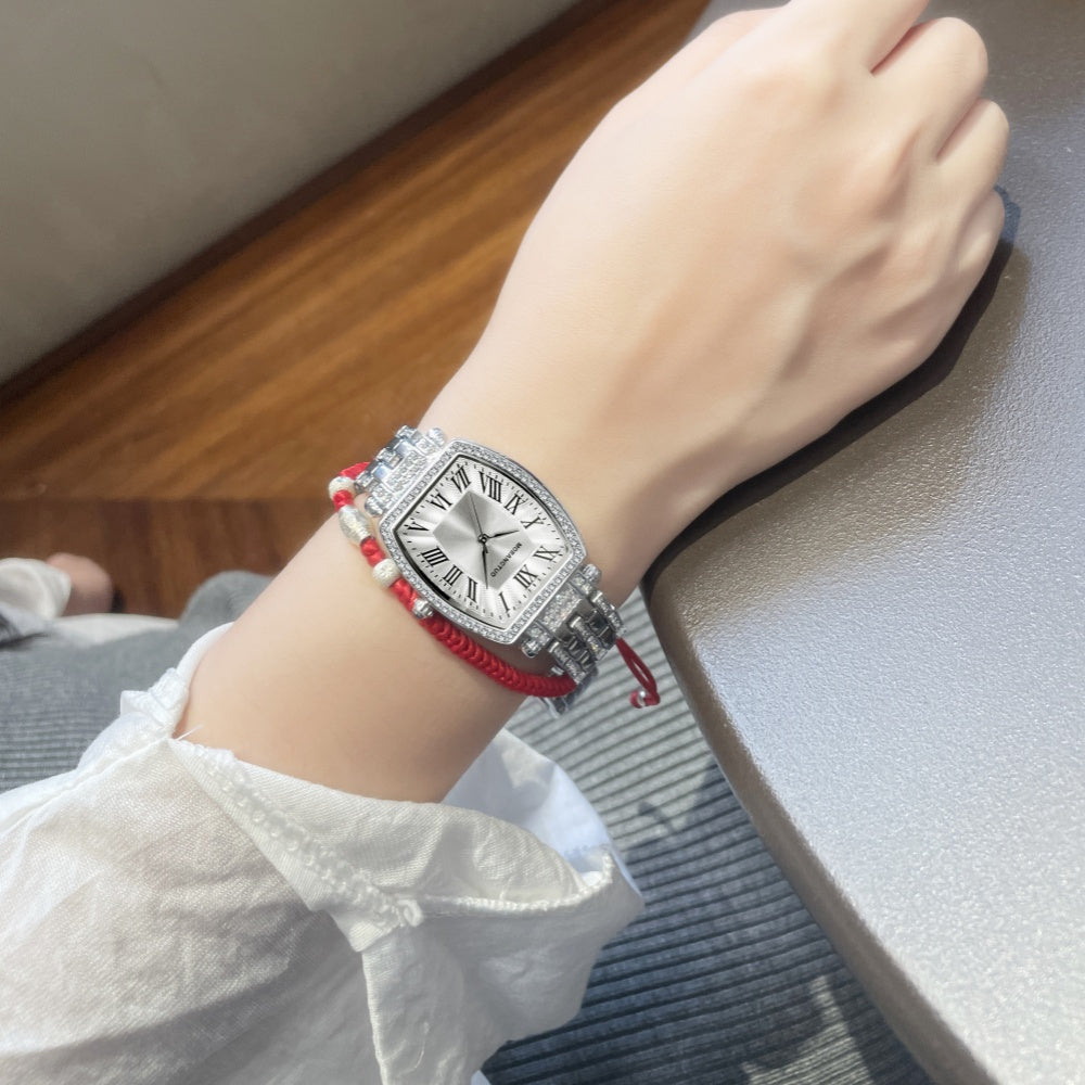 Stylish Women's Timepiece with Steel Band And Roman Numerals, Unique Tonneau-Shaped Case, Quartz Movement