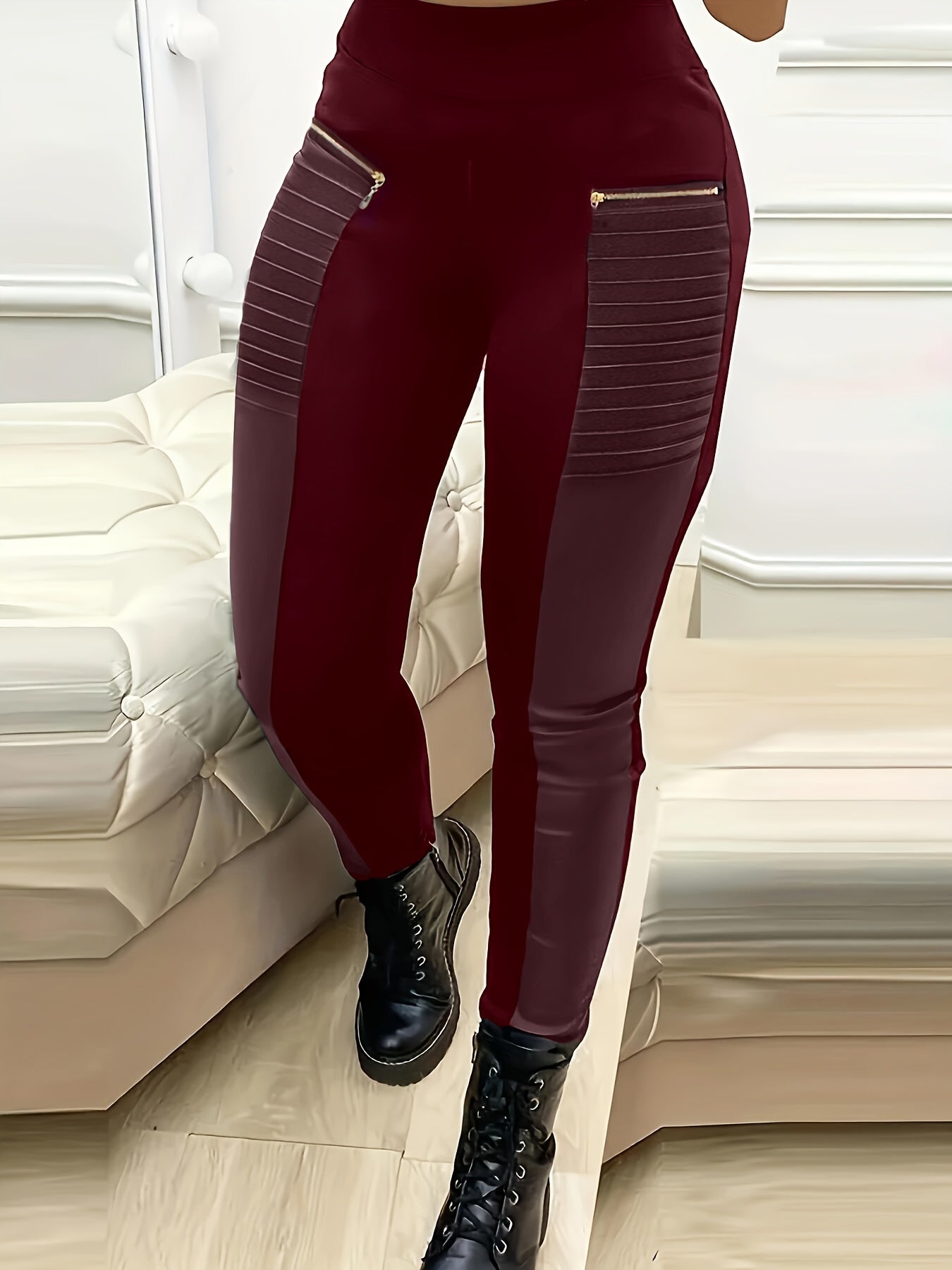 Women's Solid Zipper Design Pants, Casual Contrast Faux Leather Skinny Pants