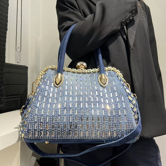 Elegant Denim Tote Bag for Women with Rhinestone Accents, Detachable Strap - Chic Blue Shoulder & Crossbody Handbag, Weaving,
