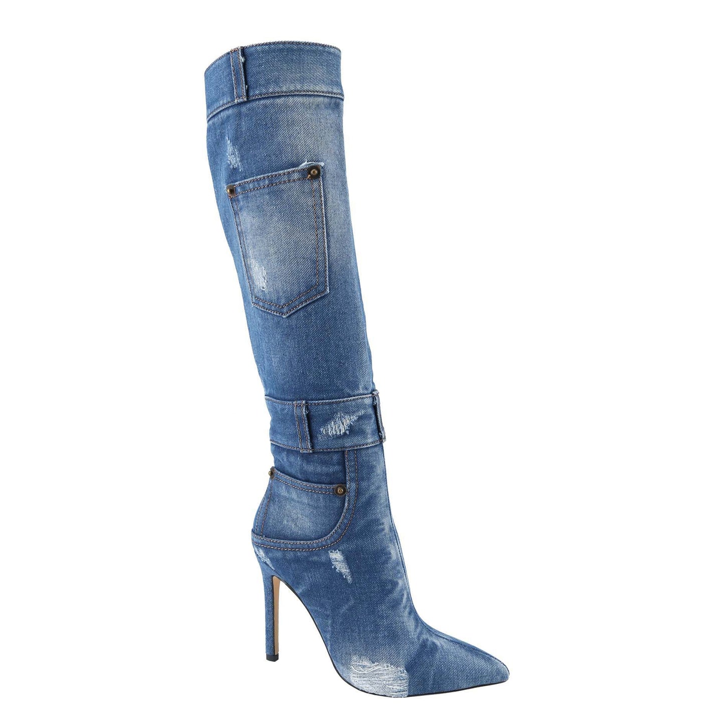 Women's high-heeled boots, pointed denim tie-dye design stiletto knee-high boots, fashionable personality trendy long boots