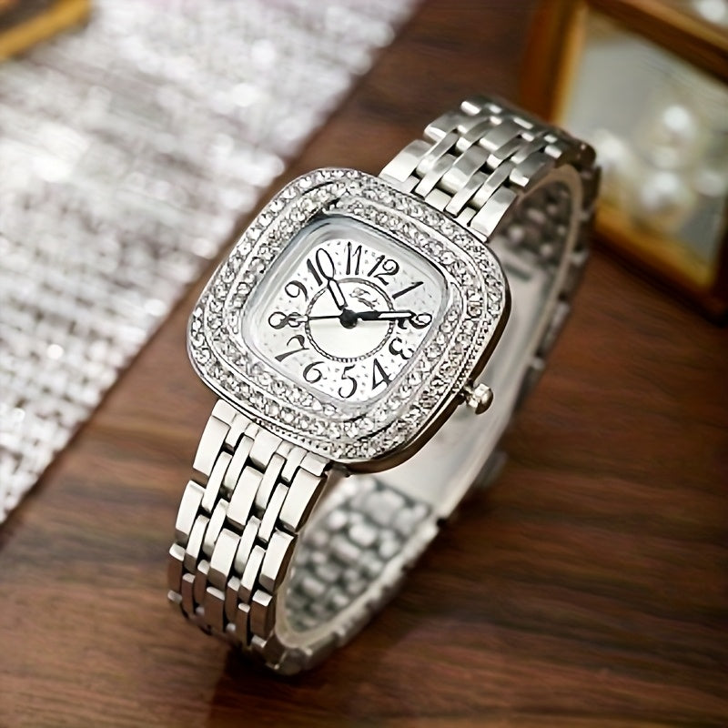 Square Quartz Steel Watch Bracelet Set, Perfect Gift for Her