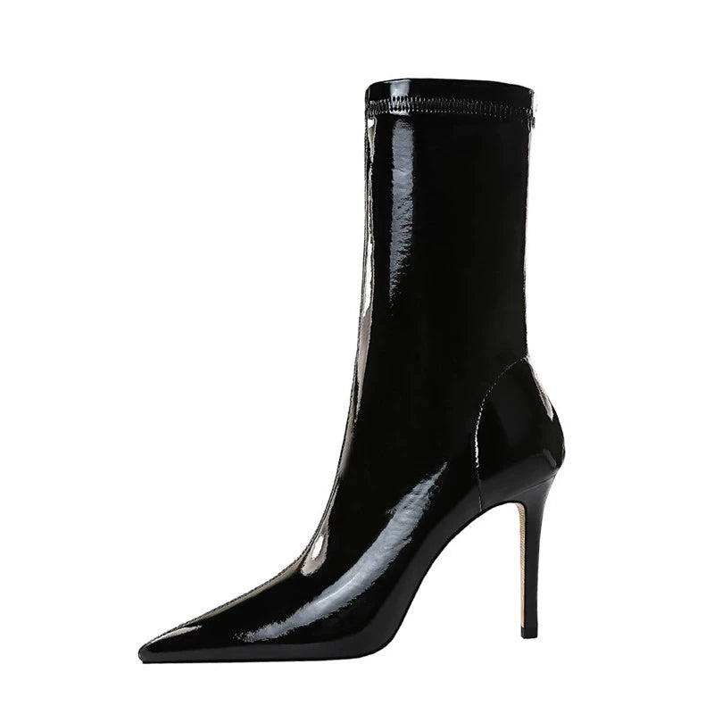 Fashion Sexy Nightclub Glossy Slim Looking Pointed Small Leather Boots