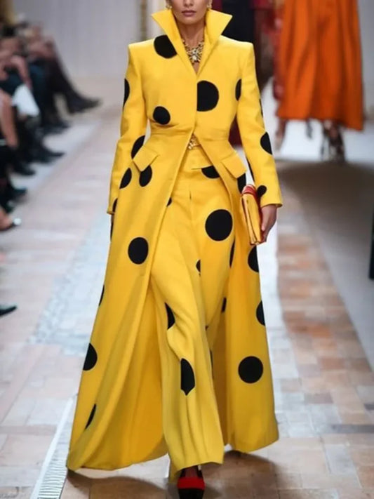 Women's Polka-Dot Woolen Coat Long Jacket Split-Joint Long Sleeves Lapel Elegant Yellow
