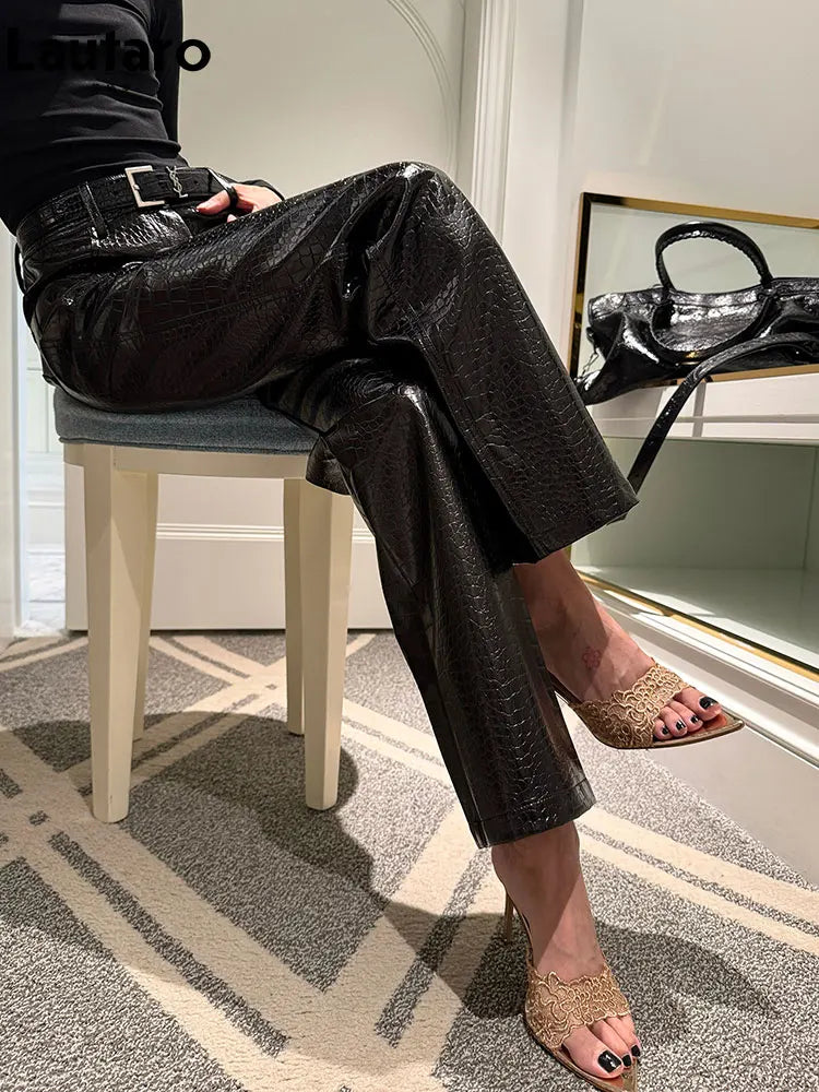 Shiny Crocodile Print Pu Leather Straight Pants