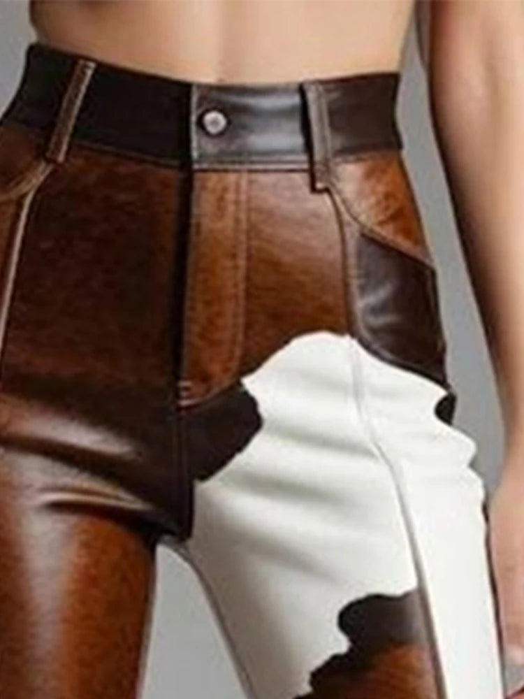 Women's Cow Pattern Leather PU Flare Pant High Waist Slim Faux Leather Pants