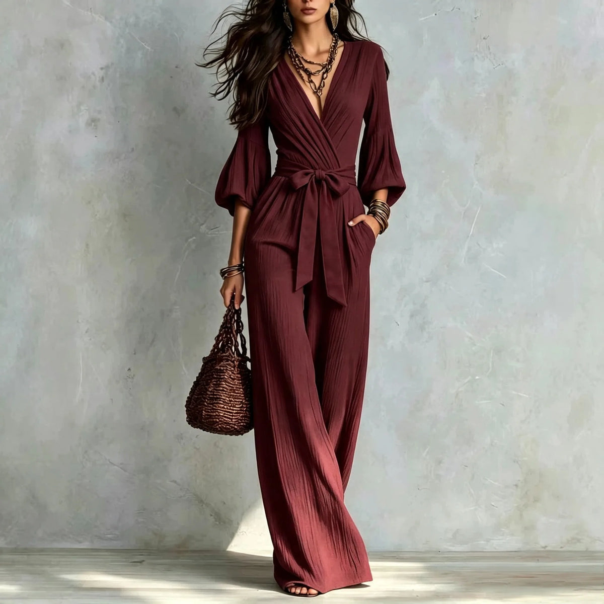 Elegant Deep V Neck Puff Sleeve Jumpsuit