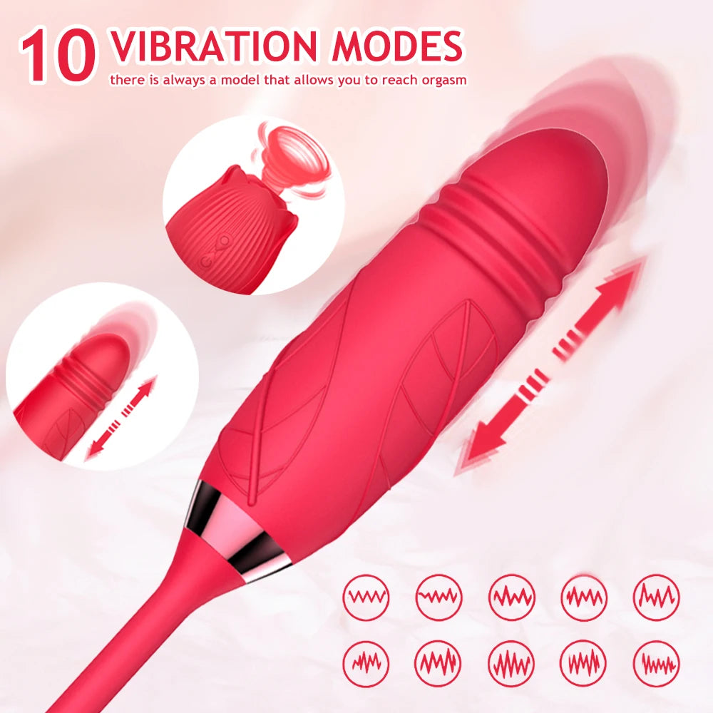 Rose Toy Sucking Vibrator Stimulator  With 10 Sucker Thrusting Dildo G Spot Stimulator
