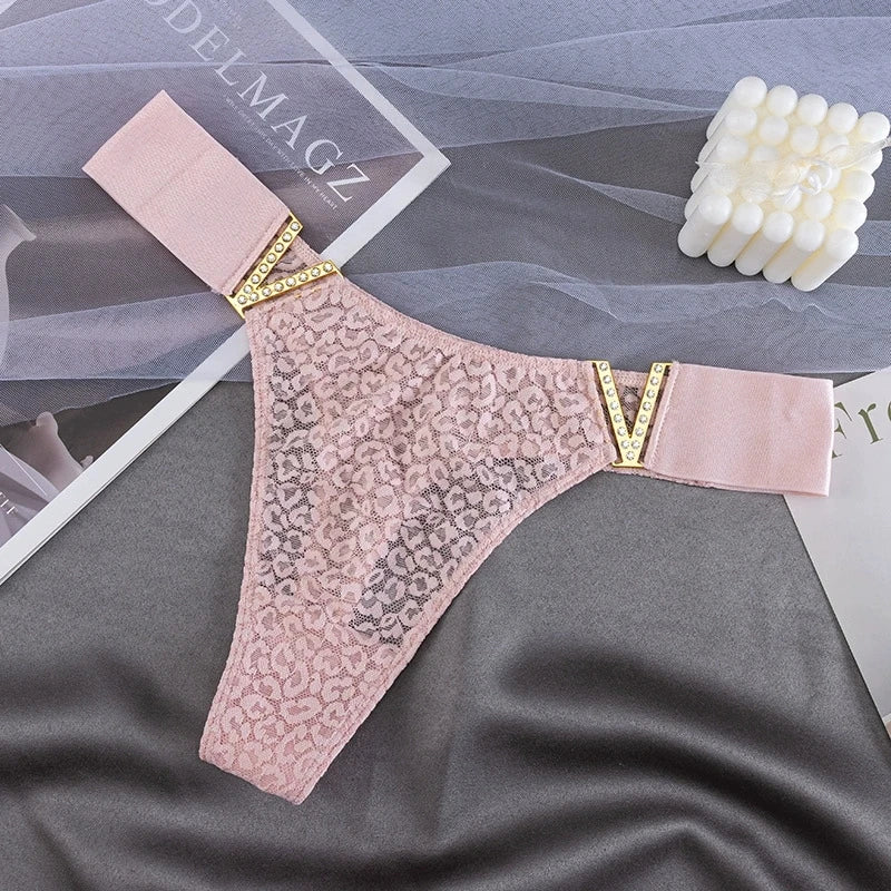 Women's Sexy Low-Waisted Lace T-Pants with V-Shaped Buckle Waistband Thong