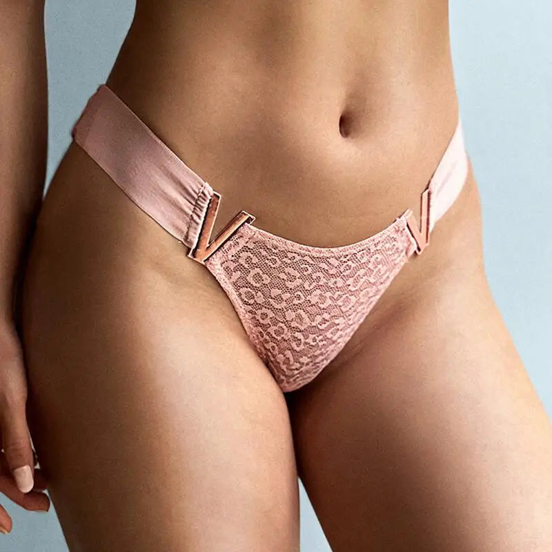 Women's Sexy Low-Waisted Lace T-Pants with V-Shaped Buckle Waistband Thong