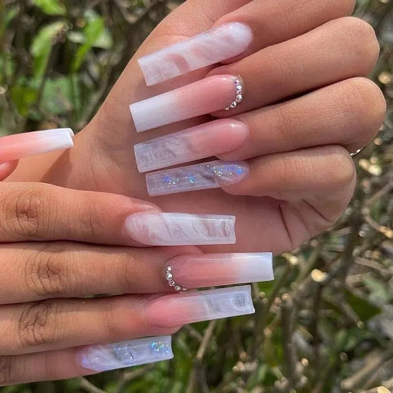 24Pcs Simple White French Press on Nails with Glue Long Ballet False Nails Wearable Coffin Fake Nails Full Cover Nail Tips