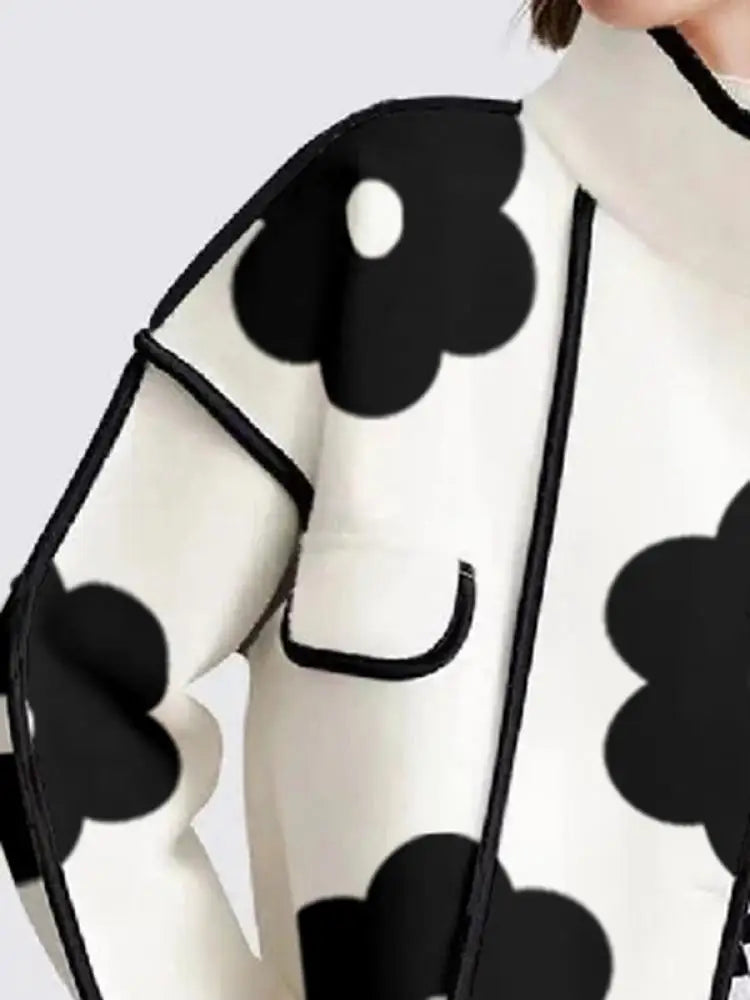 Women's Autumn Jackets Fashion Black Flower Print High-Neck Long Sleeves Buttoned Casual