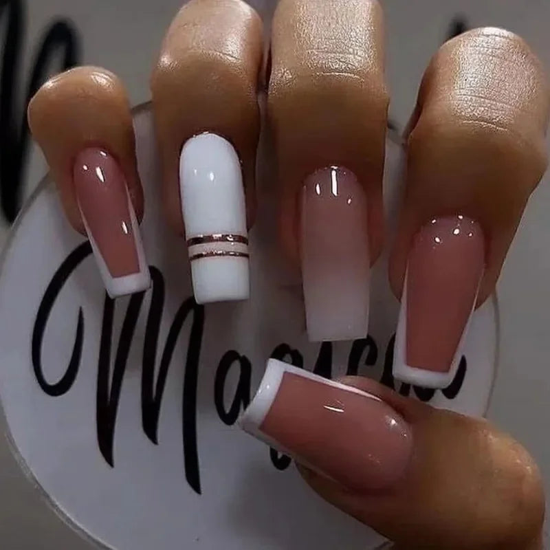 24Pcs Simple White French Press on Nails with Glue Long Ballet False Nails Wearable Coffin Fake Nails Full Cover Nail Tips