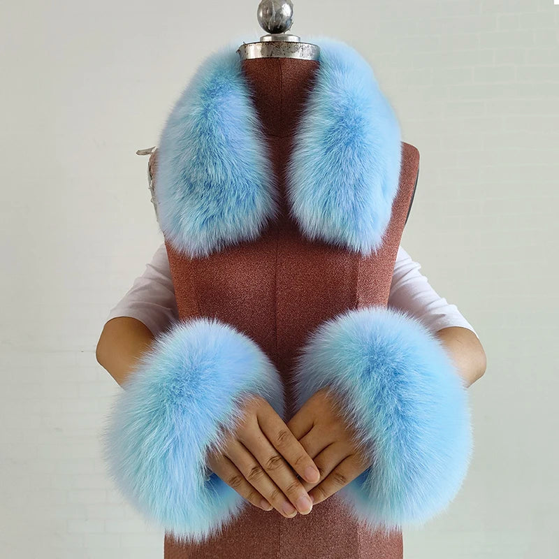 100% Real Fox Fur Collar Winter Coat Hood Fur Scarf Cuffs Set Jacket Match Overcoats Accessory Women Neck Warmer Scarves