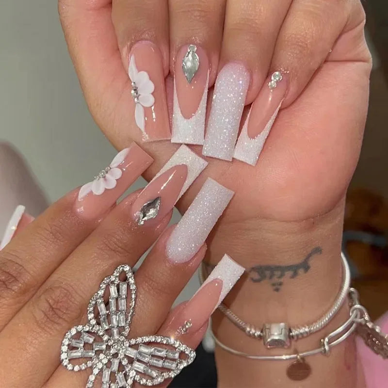 24Pcs Simple White French Press on Nails with Glue Long Ballet False Nails Wearable Coffin Fake Nails Full Cover Nail Tips