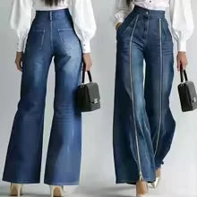 Women's High Waisted Gold Zipper Wide Leg Straight Denim Pants