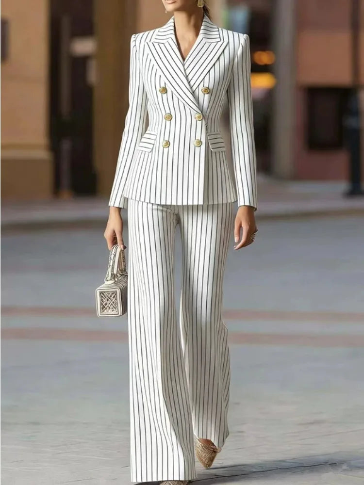 Ladies Pant Suit Striped Jacket Blazer and Trouser 2 Piece Set