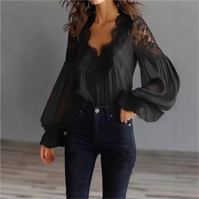 White  Lace Trim Puff Sleeve Blouse