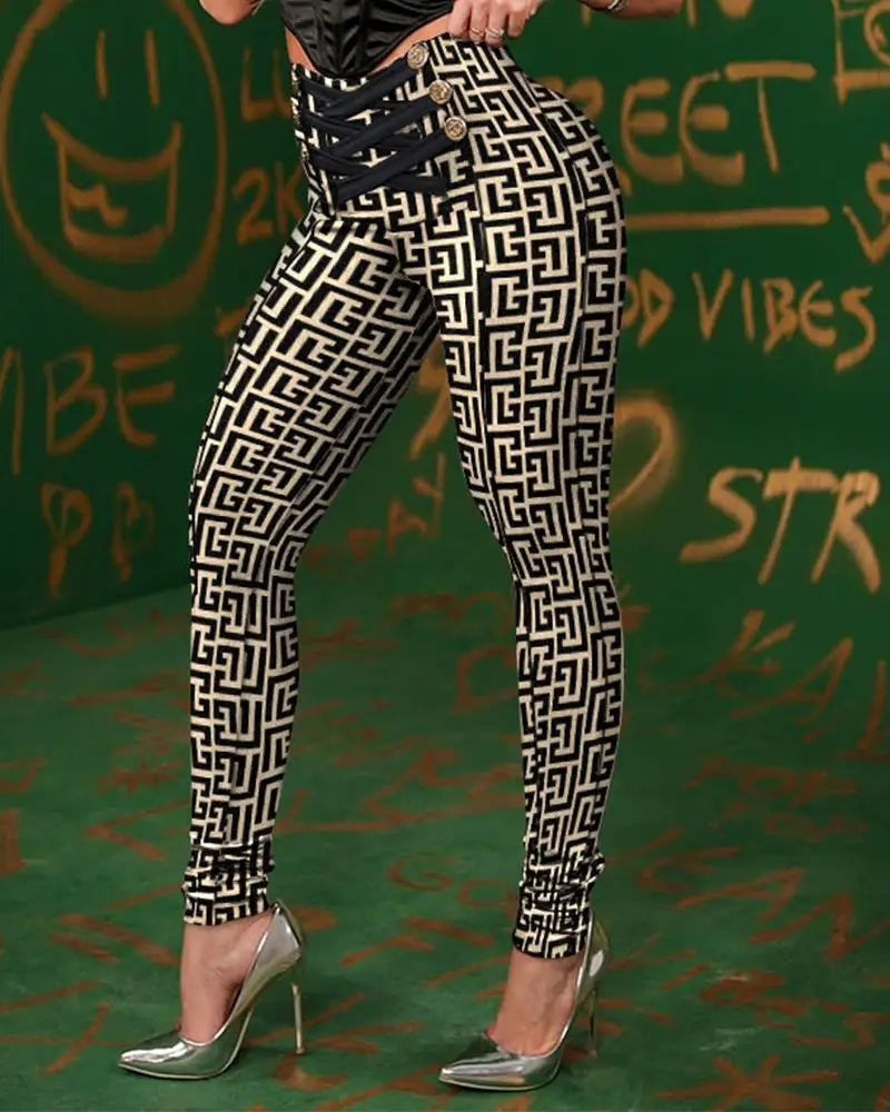 Geometric Print High Waist Butt Lift Skinny Pants Women Chic Button Criss Cross Trousers