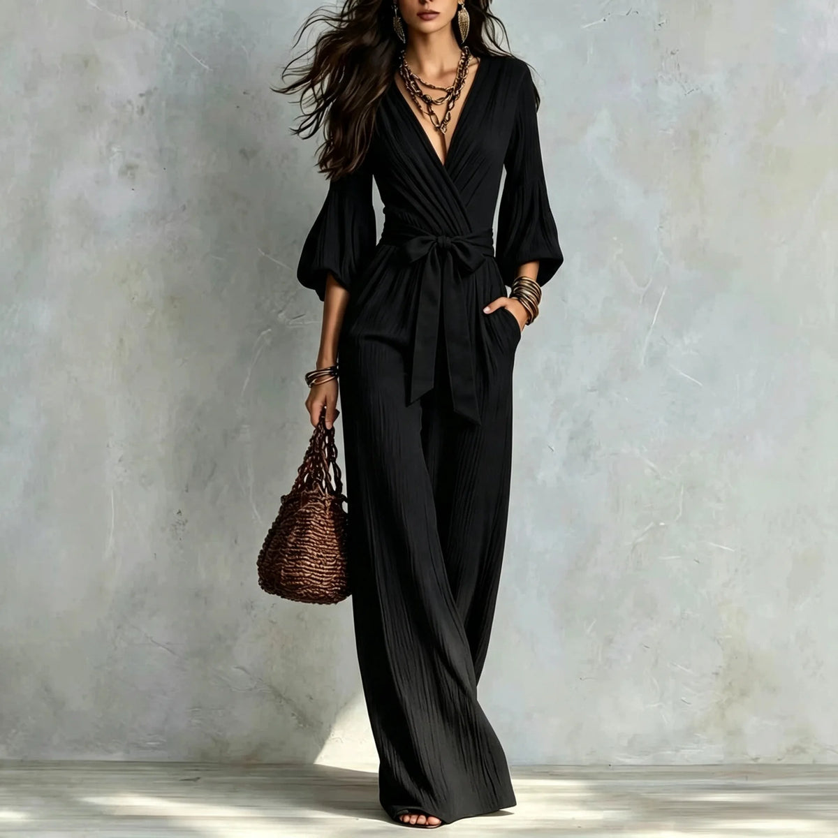Elegant Deep V Neck Puff Sleeve Jumpsuit