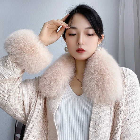 100% Real Fox Fur Collar Winter Coat Hood Fur Scarf Cuffs Set Jacket Match Overcoats Accessory Women Neck Warmer Scarves