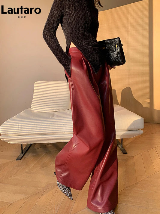 Women's Loose Casual Soft Black Burgundy Pu Leather Wide Leg Pants